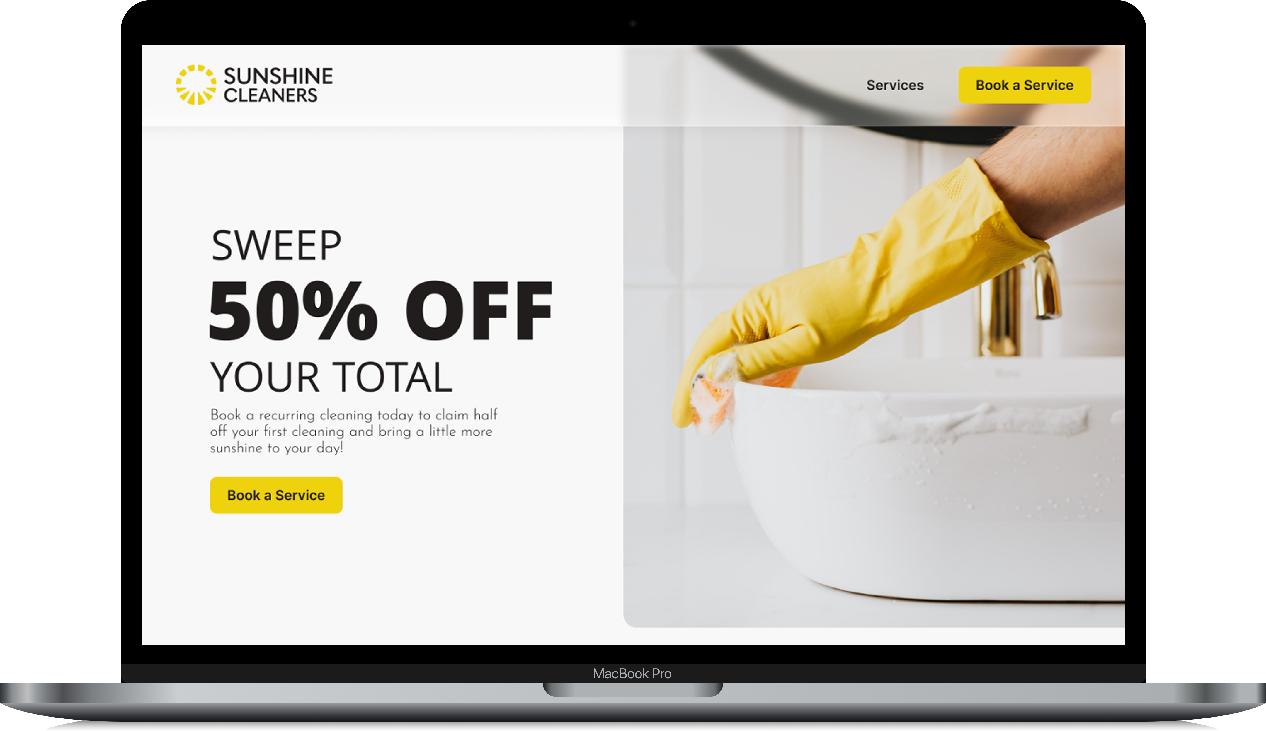 Sunshine Cleaners desktop landing page promoting half off the first recurring cleaning